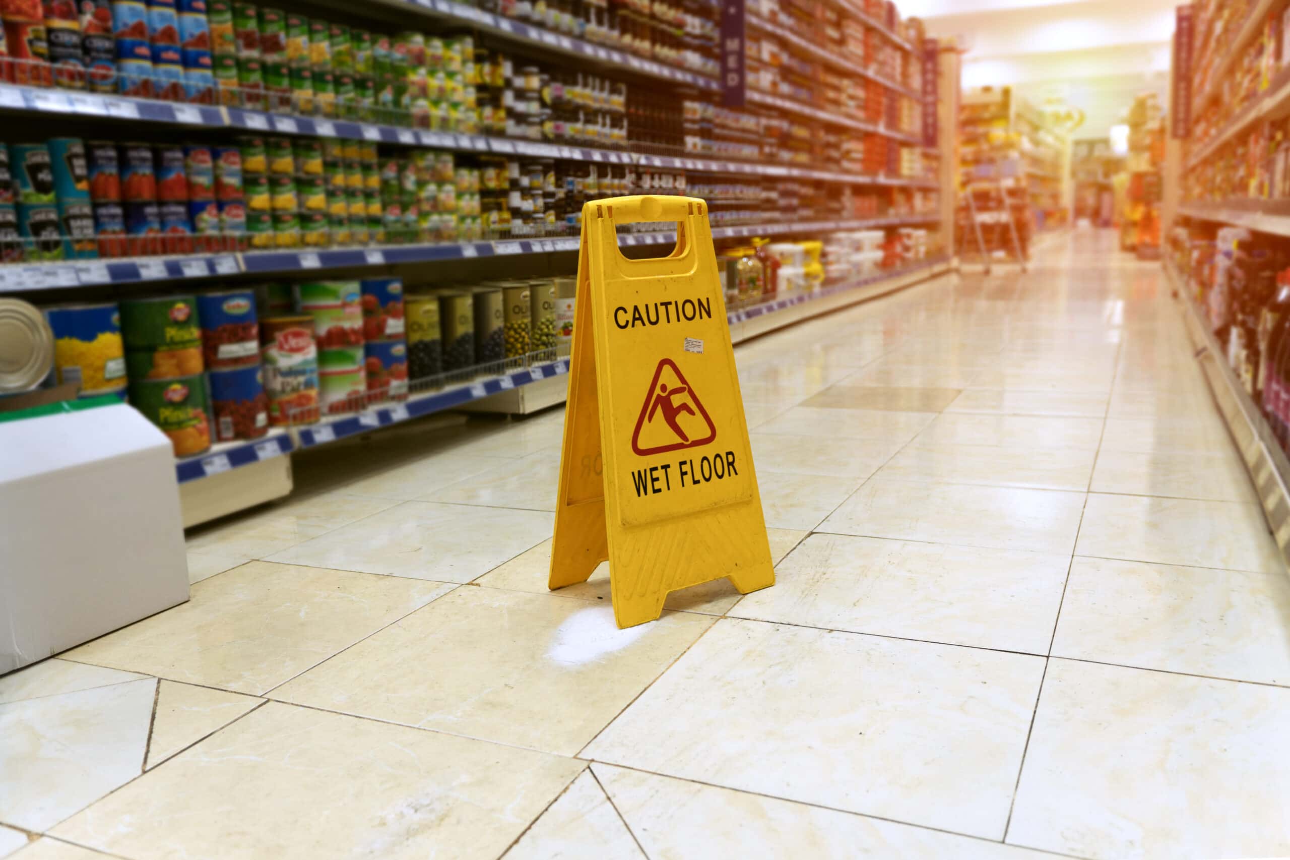 Wet floor sign in shopping centre to prevent public liability slips and falls