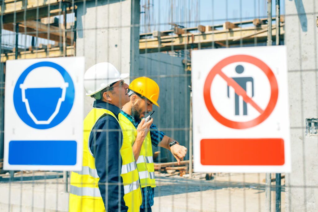Two construction workers standing behind fenced building site