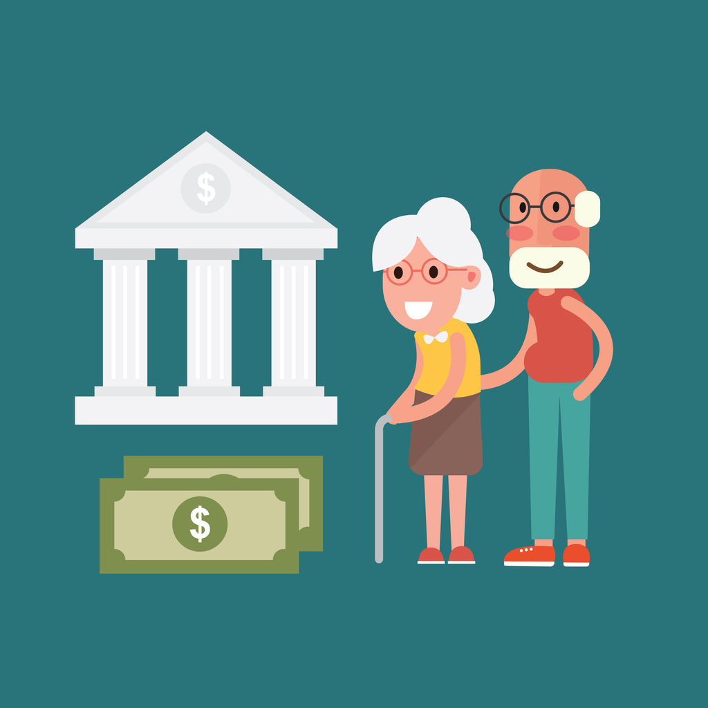 Cartoon image of older couple and dollar notes