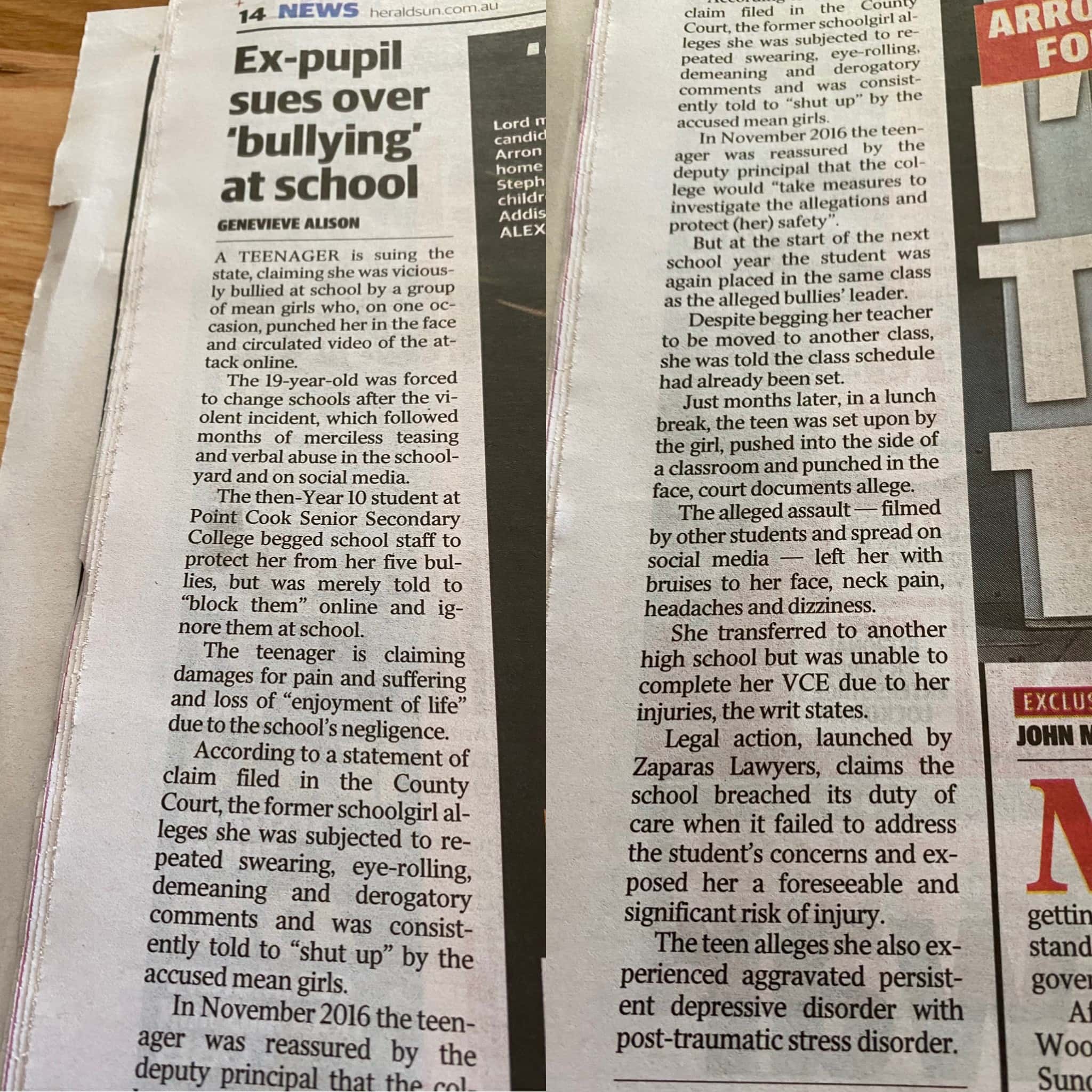 Newspaper article about school bullying public liability claim