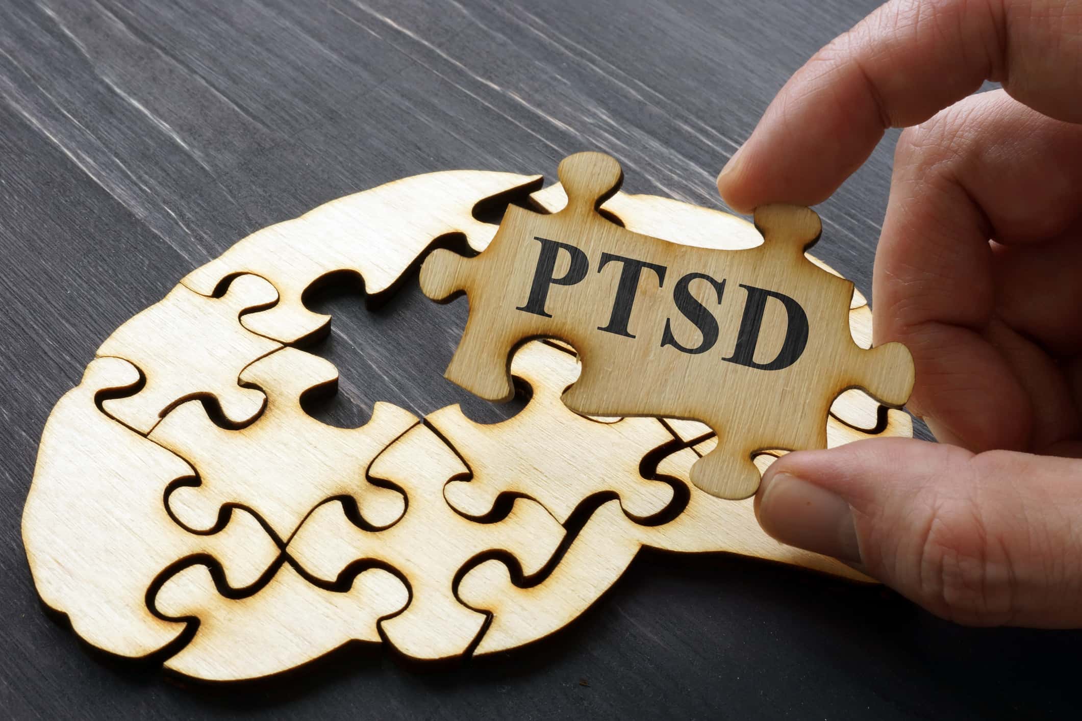 A puzzle in the shape of a brain with PTSD written on one puzzle piece